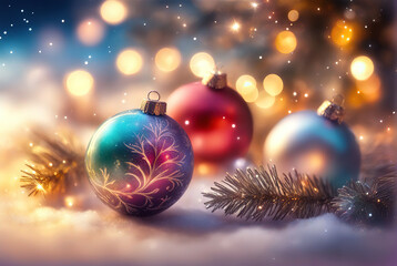 Christmas background with shiny balls, Christmas tree and blurred lights.