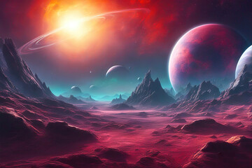 Landscape of an alien planet, beautiful view of red desert on another planet, fictional sci-fi background.