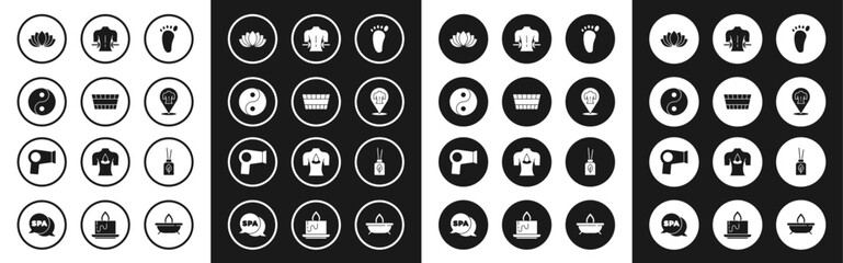 Fototapeta premium Set Foot massage, Sauna bucket, Yin Yang, Lotus flower, Massage, Aroma diffuser and Hair dryer icon. Vector