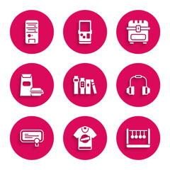 Set Book, T-shirt, Pendulum, Headphones, Certificate template, Burger, Antique treasure chest and Computer icon. Vector