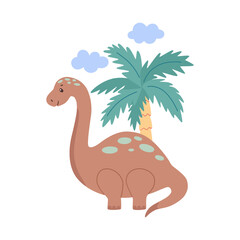 Dinosaur and palm tree. Funny cute childish vector illustration for design and print.