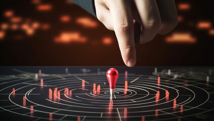 Businessman hand touching red arrow on target with world map and bokeh background