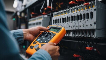 Close-up of hands of technician holding multimeter in server room - obrazy, fototapety, plakaty
