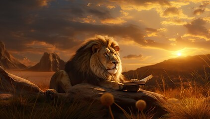 Lion reading a book in the mountains at sunset,