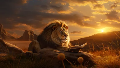 Foto op Aluminium Lion reading a book in the mountains at sunset, © Meow Creations