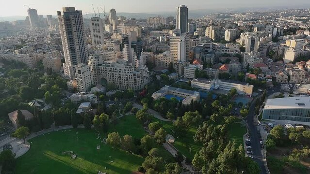 Jerusalem city center aerial drone view, Mamilla, Rehavia, Gan Haatsmaut, 4k Israel