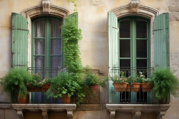 Windows with door and French balcony adorned by three green potted plants. Generative AI