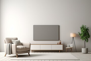 Minimalist living room with a smart TV mounted on a white wall accompanied by an armchair. Generative AI