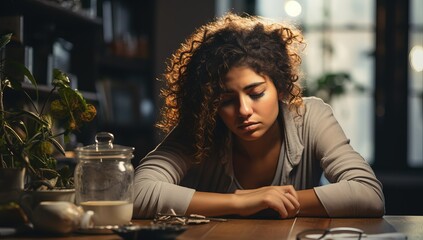 selective focus of sad young woman sitting at table in coffee shop