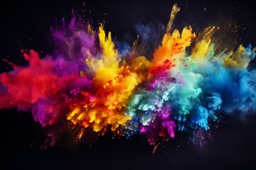 Obraz na płótnie Canvas Colorful powder paint explosion on black background celebrating the traditional Indian festival Holi. Horizontal banner template with copy space in the middle. Generative AI