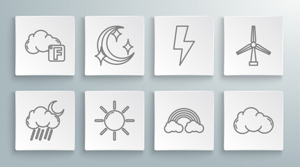 Set line Cloud with rain and moon, Moon stars, Sun, Rainbow clouds, Lightning bolt, Wind turbine and Fahrenheit icon. Vector © Oksana