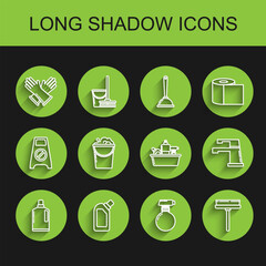 Set line Plastic bottles for liquid dishwashing liquid, Rubber gloves, Squeegee, scraper, wiper, Bucket with foam and bubbles, Water tap and icon. Vector