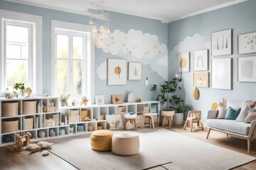 a Scandinavian-inspired playroom with soft rugs and whimsical wall art