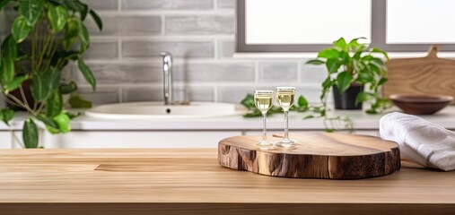 Fototapeta na wymiar Elegance and comfort. White kitchen with wooden table enhancing home decor. Natural harmony. Wood and greenery adorn bright interior