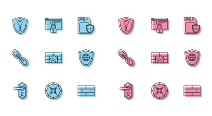 Set line Door handle, Safe, Shield with key, Bricks, Firewall, security wall, world globe, Chain link and Secure your site HTTPS, SSL icon. Vector