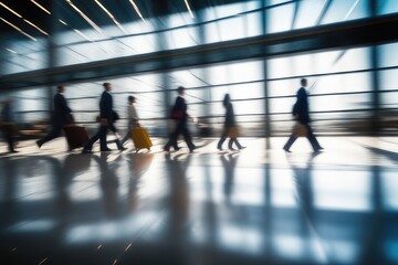 people walking in airport in motion blur