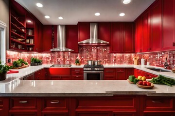 a kitchen with a mosaic tile backsplash and bright red cabinets
