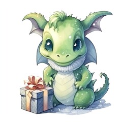 Fantasy cute dragon with christmas hat, новогодняя открытка, New Year 2024. Generative AI