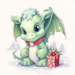 Naklejka premium Fantasy cute dragon with christmas hat, новогодняя открытка, New Year 2024. Generative AI
