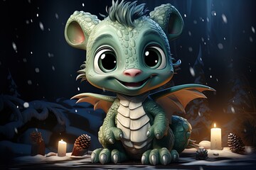 Fantasy cute dragon with christmas hat, new year's card, New Year 2024. Generative AI