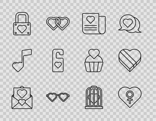 Set line Envelope with Valentine heart, Heart female gender, shaped love glasses, Lock and, Please do not disturb, the bird cage and Candy box icon. Vector