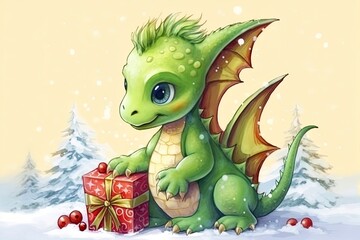Fototapeta premium Fantasy cute dragon with christmas hat, новогодняя открытка, New Year 2024. Generative AI