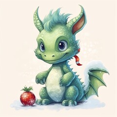 Fantasy cute dragon with christmas hat, new year's card, New Year 2024. Generative AI