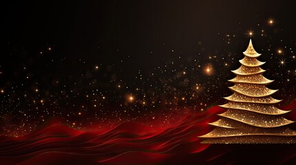 Golden Christmas tree in night on dark red background