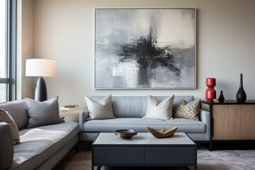 Corner view of contemporary living room with a grey color scheme and artwork displayed on a sideboard. Generative AI