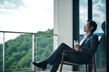Businessman in a suit resting on a balcony overlooking the summer forest, nature.