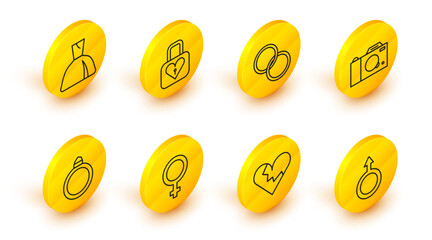 Set line Male gender symbol, Broken heart or divorce, Female, Diamond engagement ring, Photo camera, Wedding rings, Lock and and Woman dress icon. Vector