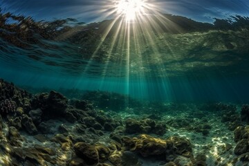 Fototapeta na wymiar Captivating sun rays shining through clear, serene seawater, forming a mesmerizing underwater ambiance. Generative AI