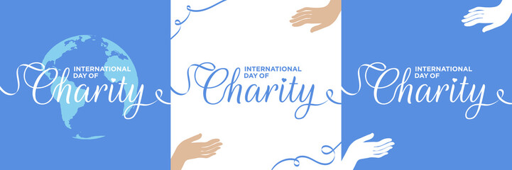 International Day of Charity Designs. Two hands reaching out to each other. Typographic Charity word design. Vector.