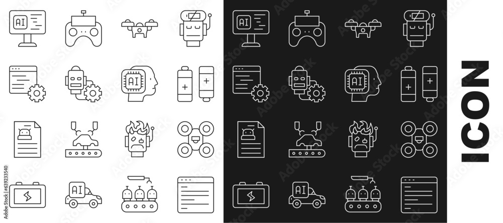 Poster set line computer api interface, drone, battery, robot setting, software and humanoid robot icon. ve