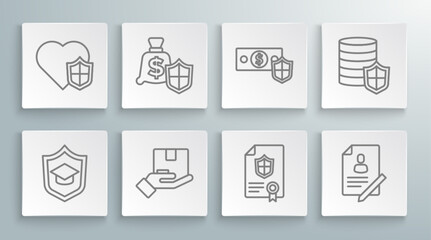 Fototapeta premium Set line Graduation cap with shield, Money, Delivery insurance, Contract, Document, and Life icon. Vector