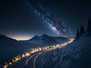 A snow-covered path illuminated by a trail of delicate lights, leading to a destination filled with promise and hope for the year ahead.AI Generated