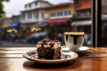 Delicious brownies and coffee for breakfast on wooden table in coffee shop in warm resting light in...