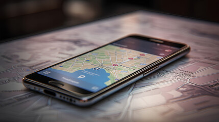 Close-up of a mobile phone With Red Pointers on the Map.