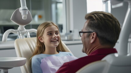 Obraz premium A smiling girl lies in the dentist's chair, exposing her white teeth