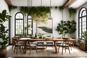 a nature-inspired dining room with wooden furniture, earthy tones, and botanical wall art