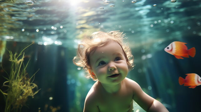 A happy one-year-old baby in a swimsuit underwater in a swimming pool c underwater plants and soft sunlight