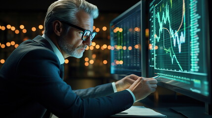 An analyst in a data-centric environment in a business suit analyzes graphs and charts on a monitor