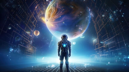 A man in a space-themed suit standing in front of a spaceship or rocket holding a tablet with holographic space images against a background of stars and planets.