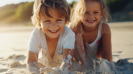 Two happy children of different sexes  playing near the sea in the sand, dressed in white T-shirts, dirty hands, sea, sand, sunshine.