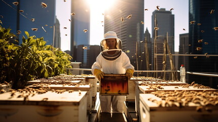 A man in protective beekeeping gear stands near beehives in an urban garden holding a frame of honeycomb. 