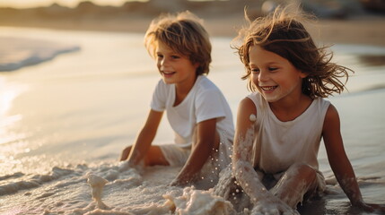 Two happy children of different sexes  playing near the sea in the sand, dressed in white T-shirts, dirty hands, sea, sand, sunshine.