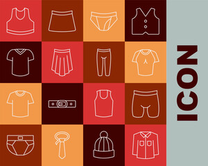 Set line Shirt, Cycling shorts, T-shirt, Men underpants, Skirt, Undershirt and Leggings icon. Vector