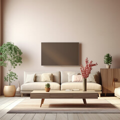 TV in modern living room interior with furniture. 3d render.Generative AI