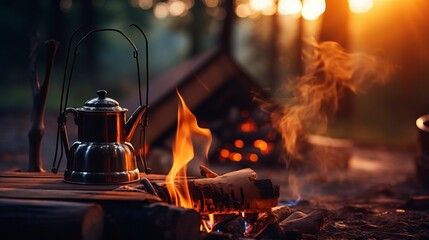 Vintage coffee pot on camping fire. Wonderful evening atmospheric background of campfire. Romantic...