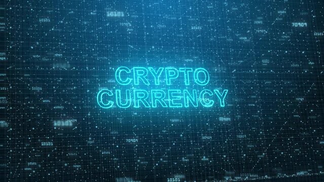 Crypto Currency Text on Futuristic Cyberspace Background. 3D Grid and Binary Numbers.